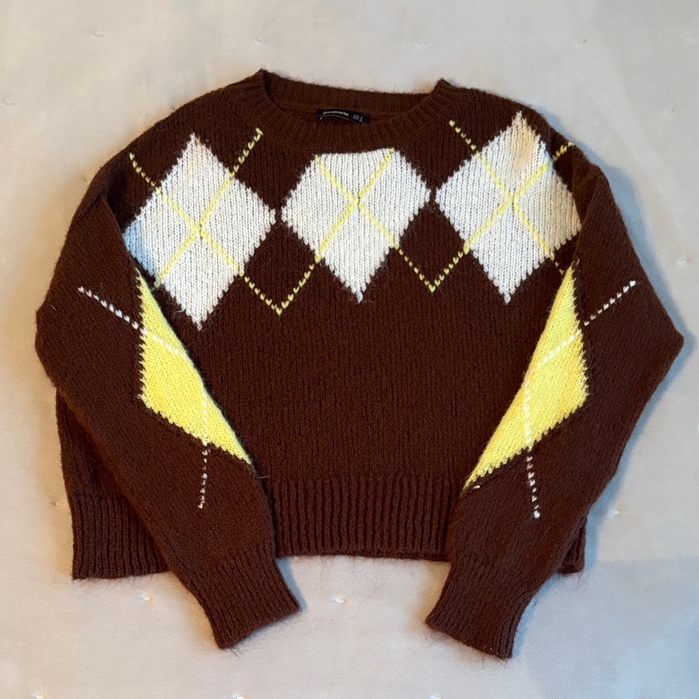Brown Argyle Sweater with Yellow and White Accents
